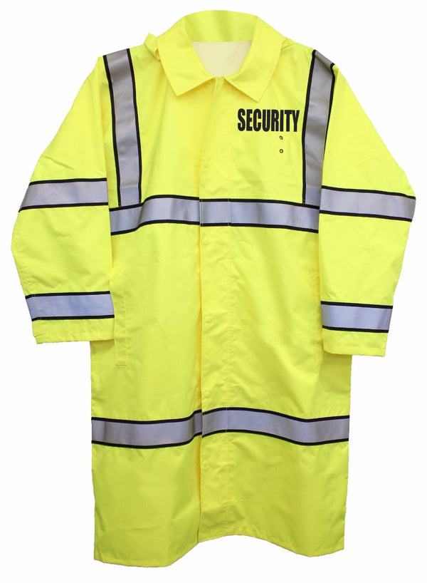 SILKSCREEN SECURITY HIGH VISIBILITY RAINCOAT WITH REFLECTIVE STRIPES