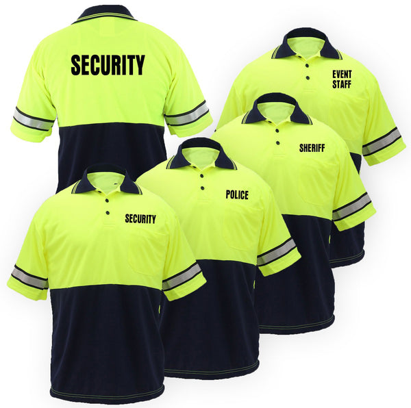 TWO TONE POLYESTER POLO SHIRT WITH REFLECTIVE STRIPES AND WITH ID (LIME YELLOW W/ NAVY BLUE)
