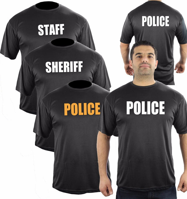 100% POLYESTER POLICE, SHERIFF AND STAFF BLACK T-SHIRT