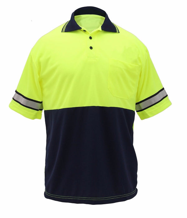 TWO TONE POLYESTER POLO SHIRT WITH REFLECTIVE STRIPES LIME YELLOW/NAVY BLUE