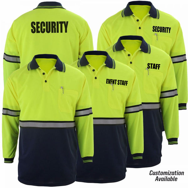 TWO TONE POLYESTER POLO SHIRT WITH REFLECTIVE STRIPES LONG SLEEVE (LIME YELLOW/NAVY BLUE)