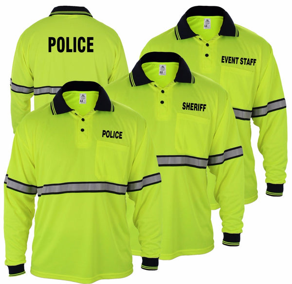 POLYESTER LONG SLEEVE POLO SHIRTS W/REFLECTIVE STRIPES LIME GREEN W/ DARK NAVY