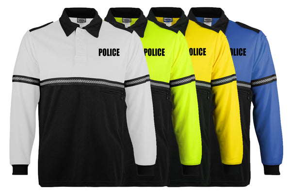 First Class Two Tone Long Sleeve Bike Patrol Shirt with Zipper Pocket and Hash Stripes with Police ID