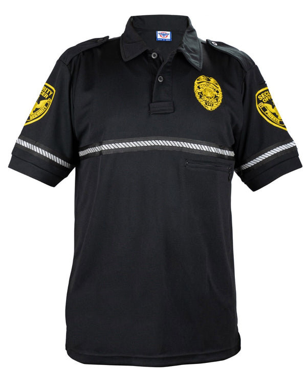 First Class Security Badge and Patch Bike Patrol Polo Shirt with Zipper Pocket and Reflective Hash Stripes