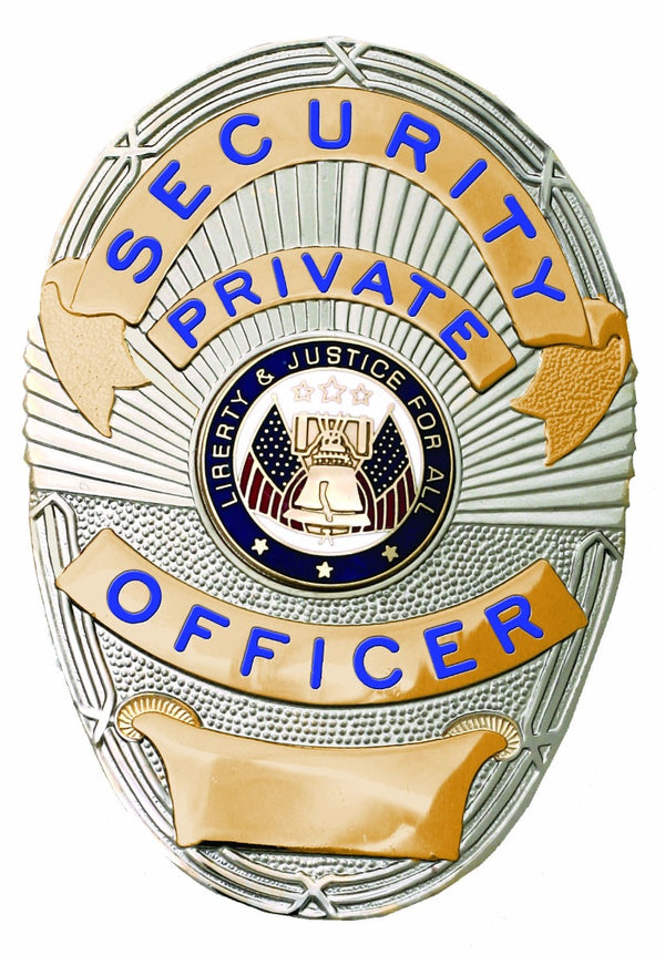 FIRST CLASS SECURITY PRIVATE OFFICER GOLD ON SILVER SHIELD BADGE